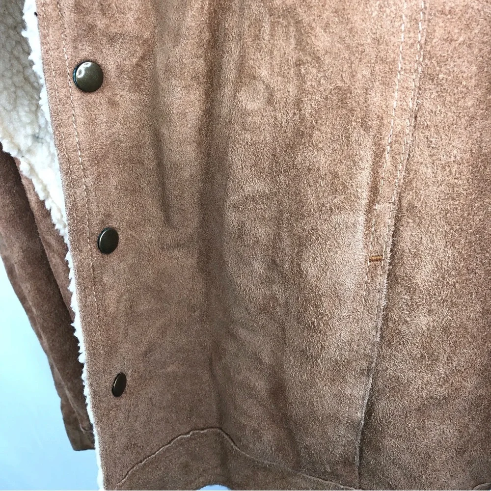 Vintage JC Penny Rancher Suede Trucker Jacket Sherpa Lined Mens 46 Reg Snaps - Picture 2 of 8